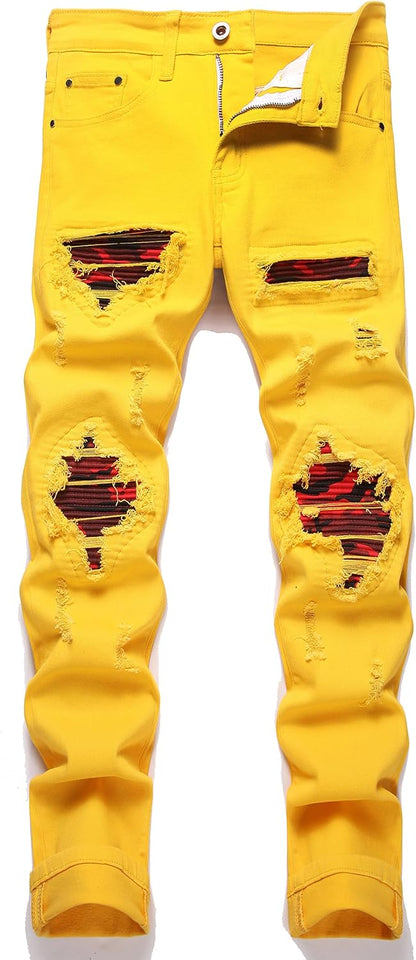 OIIIO Men's Patch Ripped Stretch Regular Fit Jean