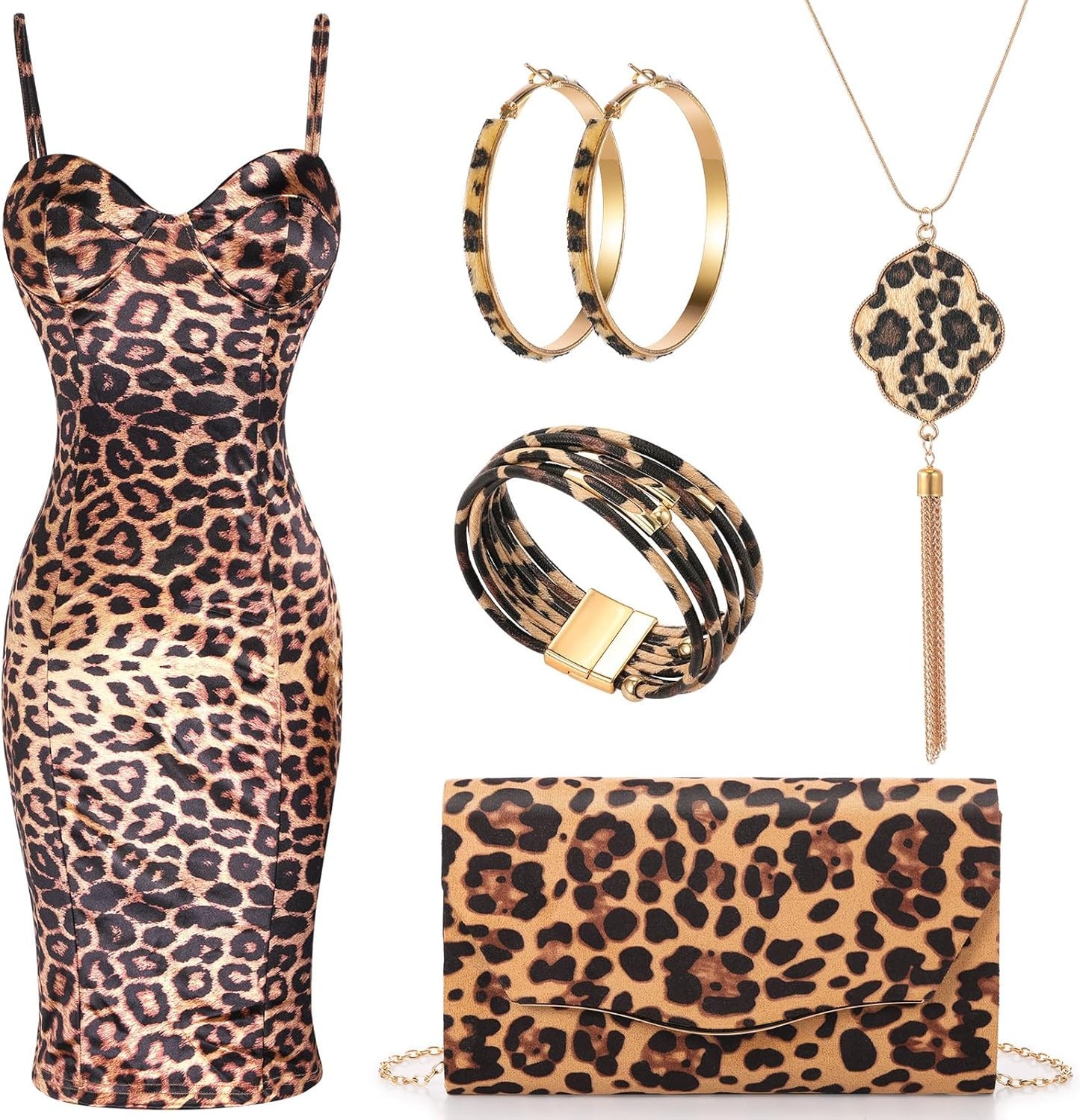 Haysandy 5 Pcs Women Leopard Sleeveless Jewelry Set Cami Dress Earring Necklace Bracelet Purse Date Club Costume
