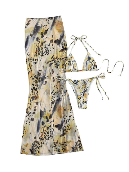 ZAFUL Womens 3pcs Swimsuit Floral Halter Triangle Bikini Top Tie Side Bottom with Long Sheer Cover Up Skirt