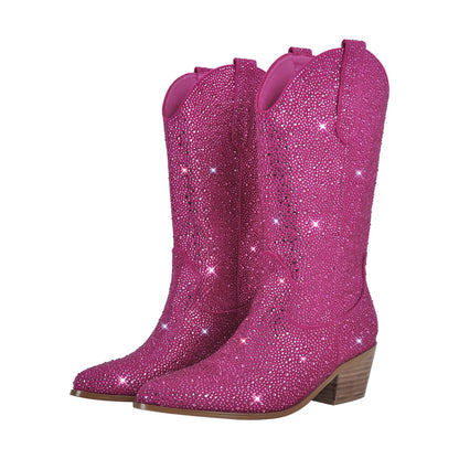 Richealnana Sparkly Rhinestones Cowboy Cowgirl Style Boots Calf High Boots for Women 2INCH Heeled Shining Pull On Tabs