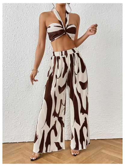 OYOANGLE Women's 2 Piece Outfits Graphic Print Knitted Crop Halter Top and Wide Leg Pants Set