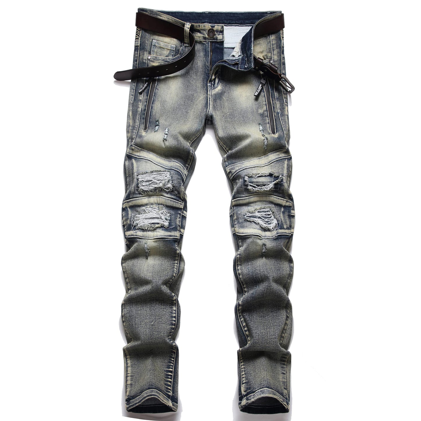 XIMXIMMTIAN Men's Biker Moto Washed Distressed Slim Fit Straight Jeans Denim