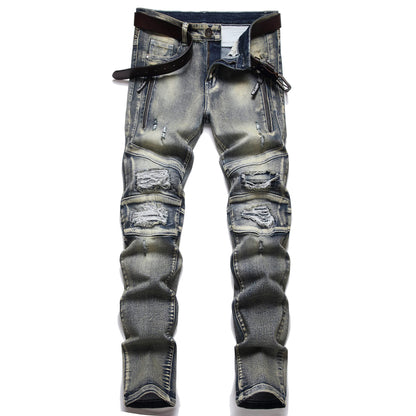 XIMXIMMTIAN Men's Biker Moto Washed Distressed Slim Fit Straight Jeans Denim