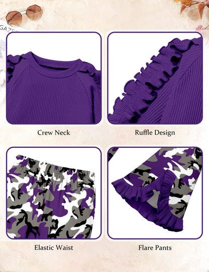 Toddler Girl Clothes Camo Girls Outfits Ruffle Sleeve Tops + Bell Bottom Flared Pants 2 Piece Winter Sweatsuit 2-10T