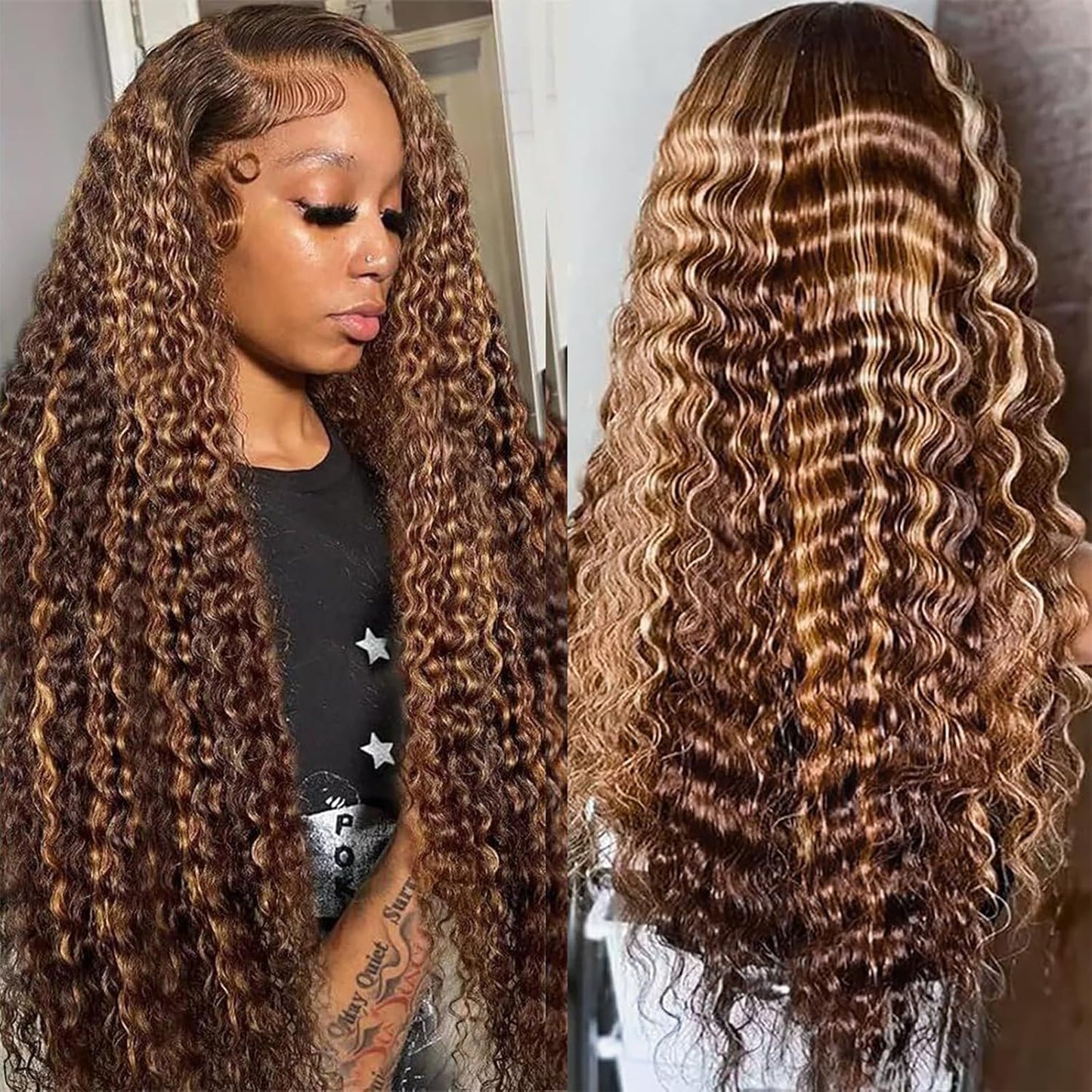20Inch Deep Wave Lace Front Wigs Human Hair-13x4 HD Transparent Deep Wave Frontal Wigs Human Hair Glueless Curly Wigs for Women 200% Density Curly Lace Front Human Hair Pre Plucked with Baby Hair