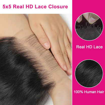 5x5 Transparent HD Lace Closure Body Wave Human Hair Closure Invisible Ultra-thin 5x5 Lace Closure Brazilian Raw Virgin Human Hair Pre Plucked Natural Black 16 Inch