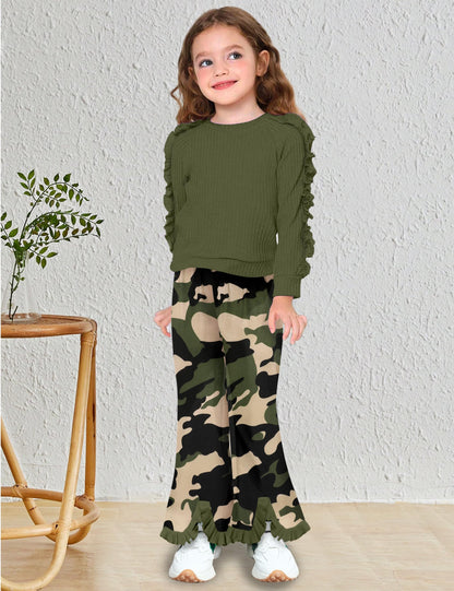 Toddler Girl Clothes Camo Girls Outfits Ruffle Sleeve Tops + Bell Bottom Flared Pants 2 Piece Winter Sweatsuit 2-10T