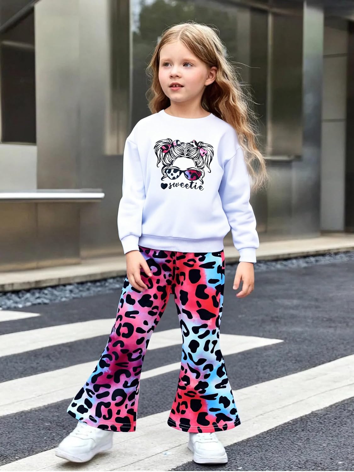 Toddler Girl Clothes Long Sleeve Cartoon & Letter Graphic Top + Fruit Stationery Print Flared Leg Pants