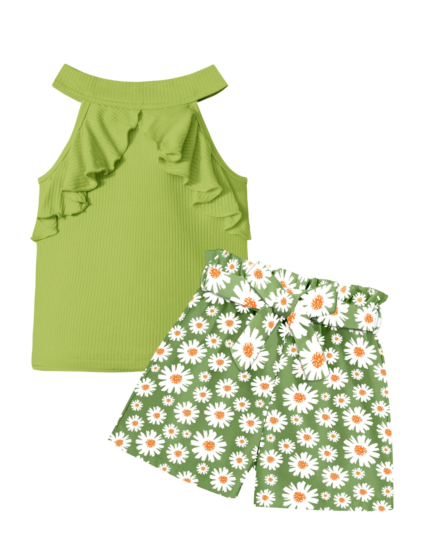 MIGU Girls Clothes Summer Halter Neck Ruffle Sleeveless Top Fashion Cute Floral Belt Shorts Two Piece Outfit Set Size 6-12