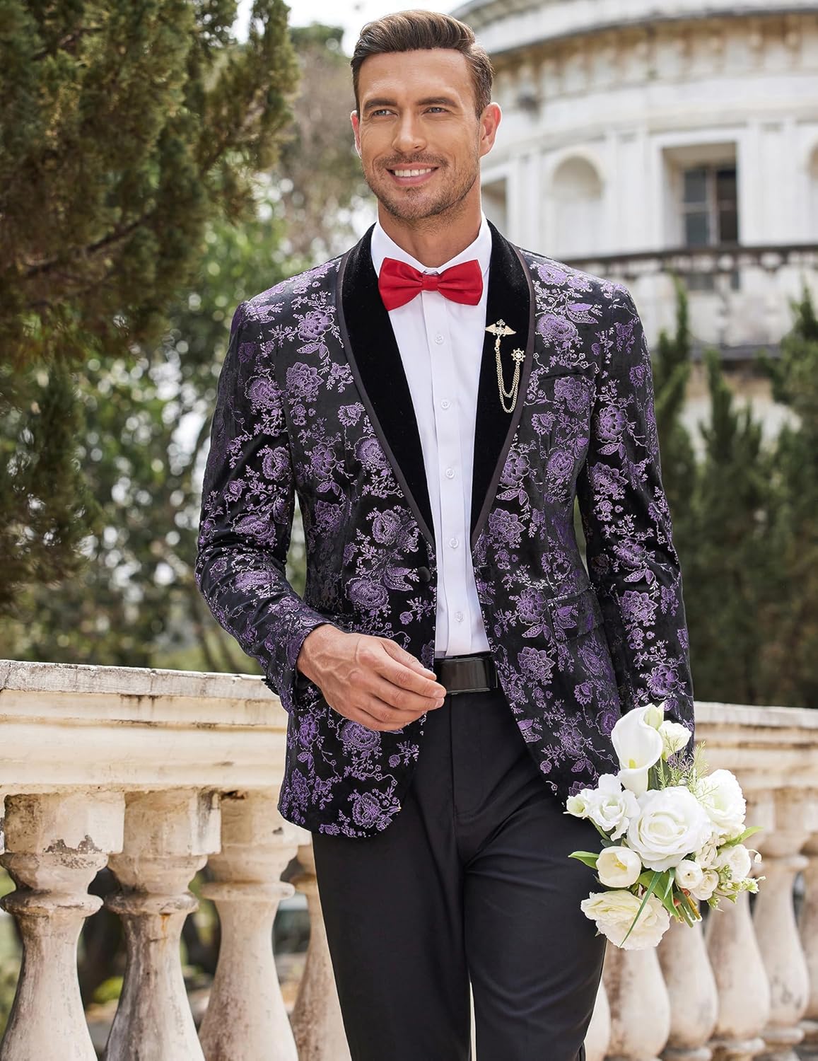 COOFANDY Men's Velvet Tuxedo Floral Blazer Jacket One Button Shawl Lapel Suit Jacket for Dinner Prom Party Wedding