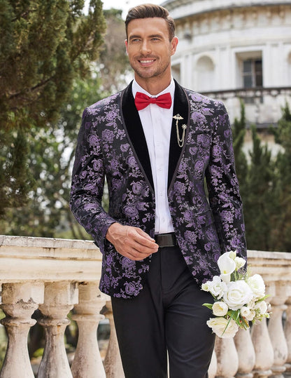 COOFANDY Men's Velvet Tuxedo Floral Blazer Jacket One Button Shawl Lapel Suit Jacket for Dinner Prom Party Wedding