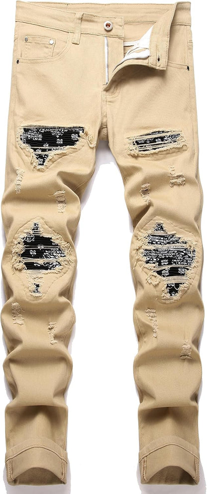 OIIIO Men's Patch Ripped Stretch Regular Fit Jean