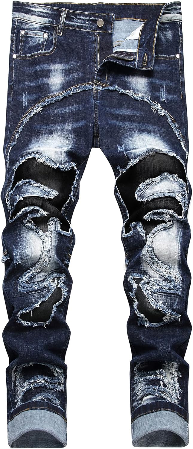 Baylvn Men's Designer Straight Slim Fit Patchwork Jeans Comfort Skinny Biker Denim Pants