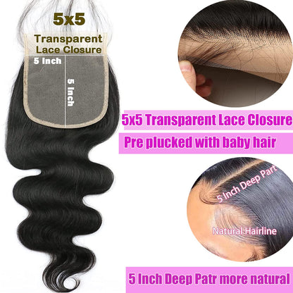 Hd Closure 5x5 Straight Closure 5x5 Transparent Lace Closure 12A Virgin Remy Human Hair Frontal Closure Pre Plucked With Baby Hair Natural Black Color(14inch)
