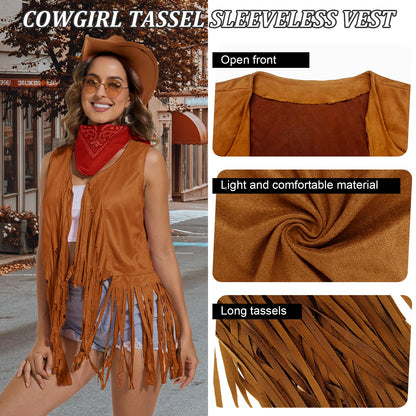 HyperFun Cowgirl Outfits for Women Western Costume Accessories Cowboy Hat Tassels Fringe Vest Earring Hippie Glasses Bandana