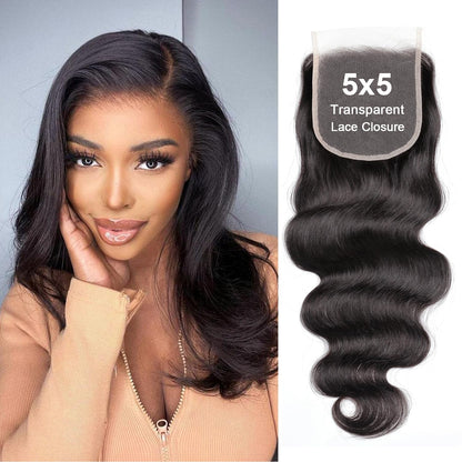 5x5 Transparent HD Lace Closure Body Wave Human Hair Closure Invisible Ultra-thin 5x5 Lace Closure Brazilian Raw Virgin Human Hair Pre Plucked Natural Black 16 Inch