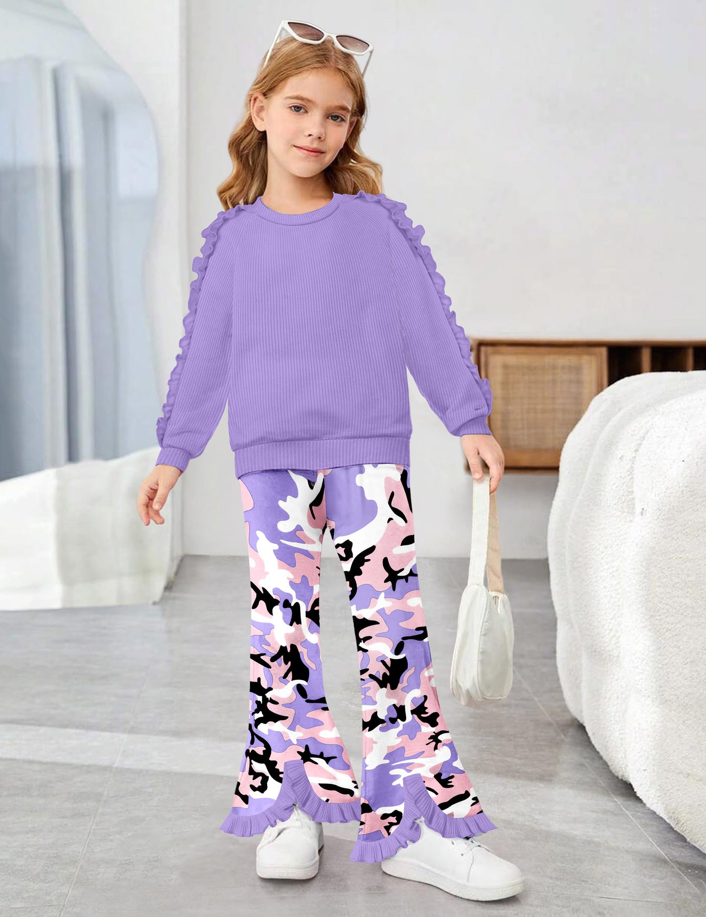 Toddler Girl Clothes Camo Girls Outfits Ruffle Sleeve Tops + Bell Bottom Flared Pants 2 Piece Winter Sweatsuit 2-10T