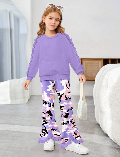 Toddler Girl Clothes Camo Girls Outfits Ruffle Sleeve Tops + Bell Bottom Flared Pants 2 Piece Winter Sweatsuit 2-10T