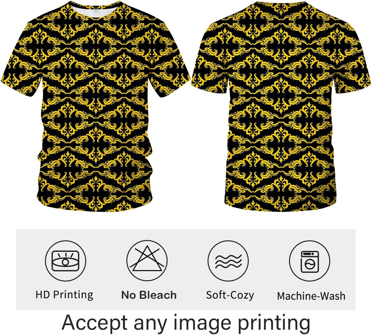 LAOLIUSN Men's Gold Shiny Printed T-Shirt - Golden Ornate Theme, Floral Graphic Tee Shirt