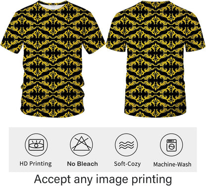 LAOLIUSN Men's Gold Shiny Printed T-Shirt - Golden Ornate Theme, Floral Graphic Tee Shirt