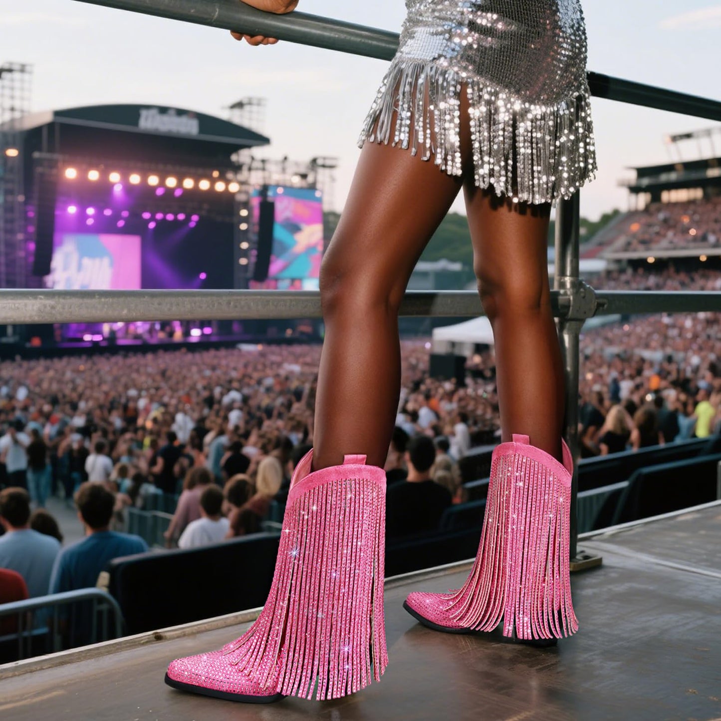 Fringe Cowboy Boots for Women – Mid Calf Cowgirl Boots with Star Studded, Pointed Toe and Chunky Heel, Perfect for Country Music Festivals