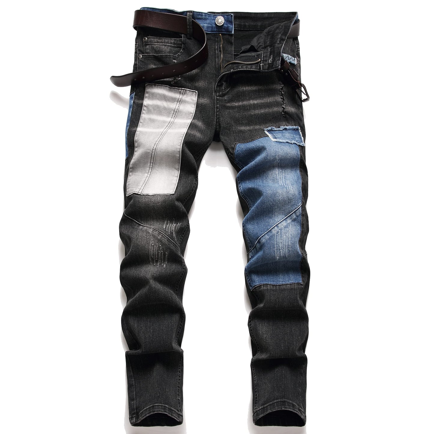 XIMXIMMTIAN Men's Biker Moto Washed Distressed Slim Fit Straight Jeans Denim