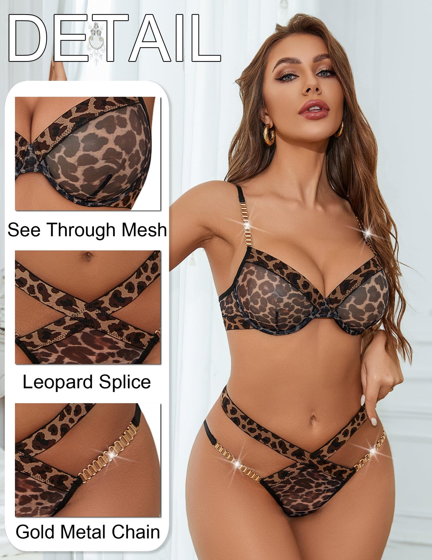Avidlove Sexy Lingerie Set Mesh See Through Underwire Bra Panty Set Leopard Splice Push Up Lingerie with Chain