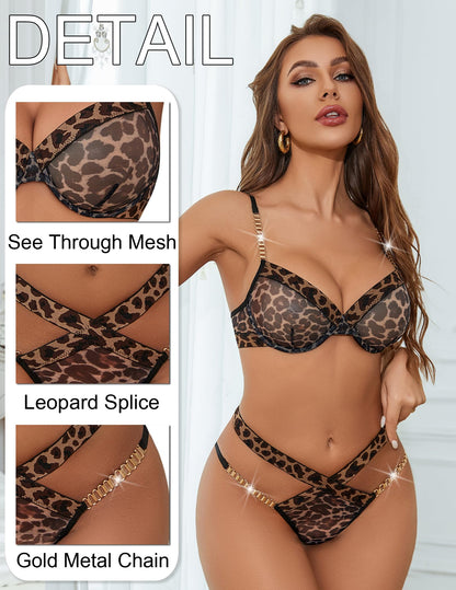 Avidlove Sexy Lingerie Set Mesh See Through Underwire Bra Panty Set Leopard Splice Push Up Lingerie with Chain