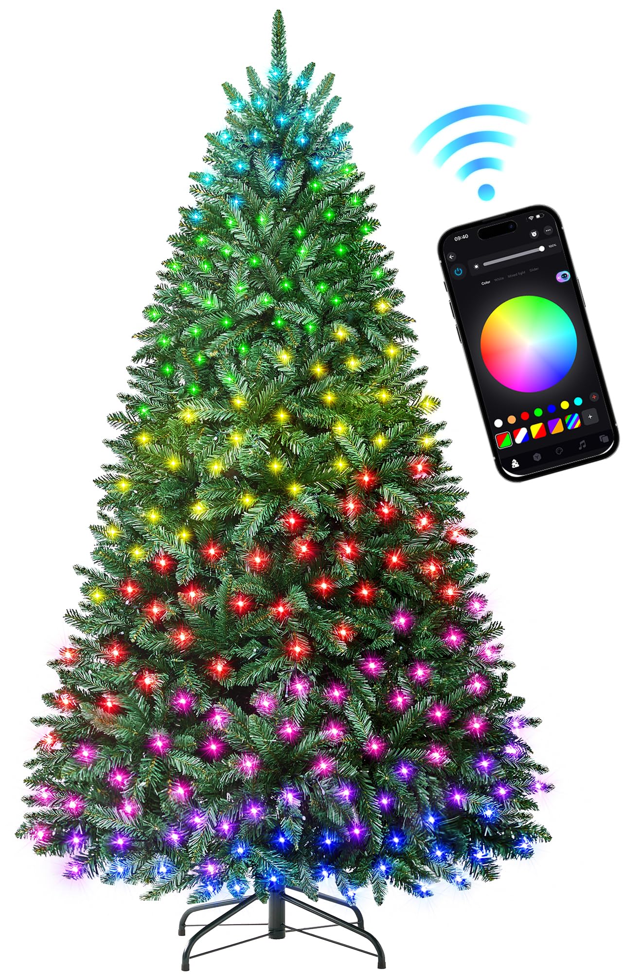 HOLLO STAR 6 ft Prelit Christmas Tree with 270 LED Lights, App Control, Artificial Christmas Tree with Multi-Color RGBW Lights, 1072 Branch Tips, Metal Base, Easy to Assemble, for Home, Party