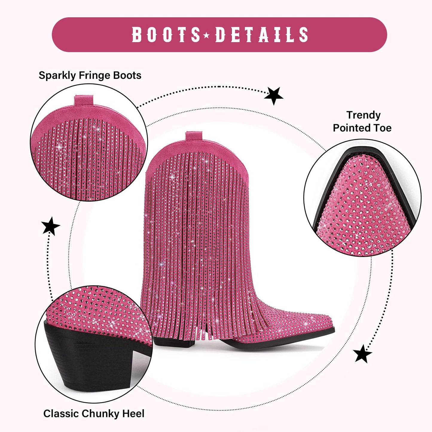 Fringe Cowboy Boots for Women – Mid Calf Cowgirl Boots with Star Studded, Pointed Toe and Chunky Heel, Perfect for Country Music Festivals