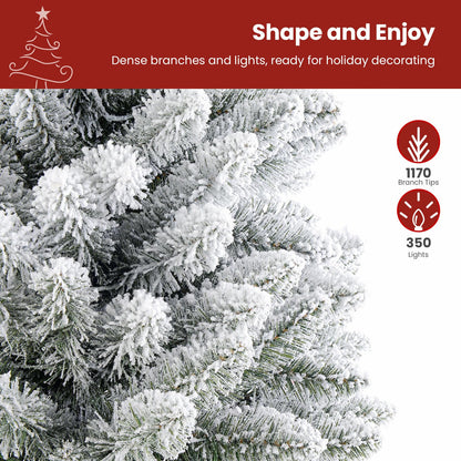 SHareconn 7.5ft Prelit Snow Flocked Spruce Artificial Christmas Tree with 350 Incandescent Warm White Lights, Foldable Stand, Snow Flocked Full Prelighted Xmas Tree W/1170 Branch Tips, 7.5 FT, White