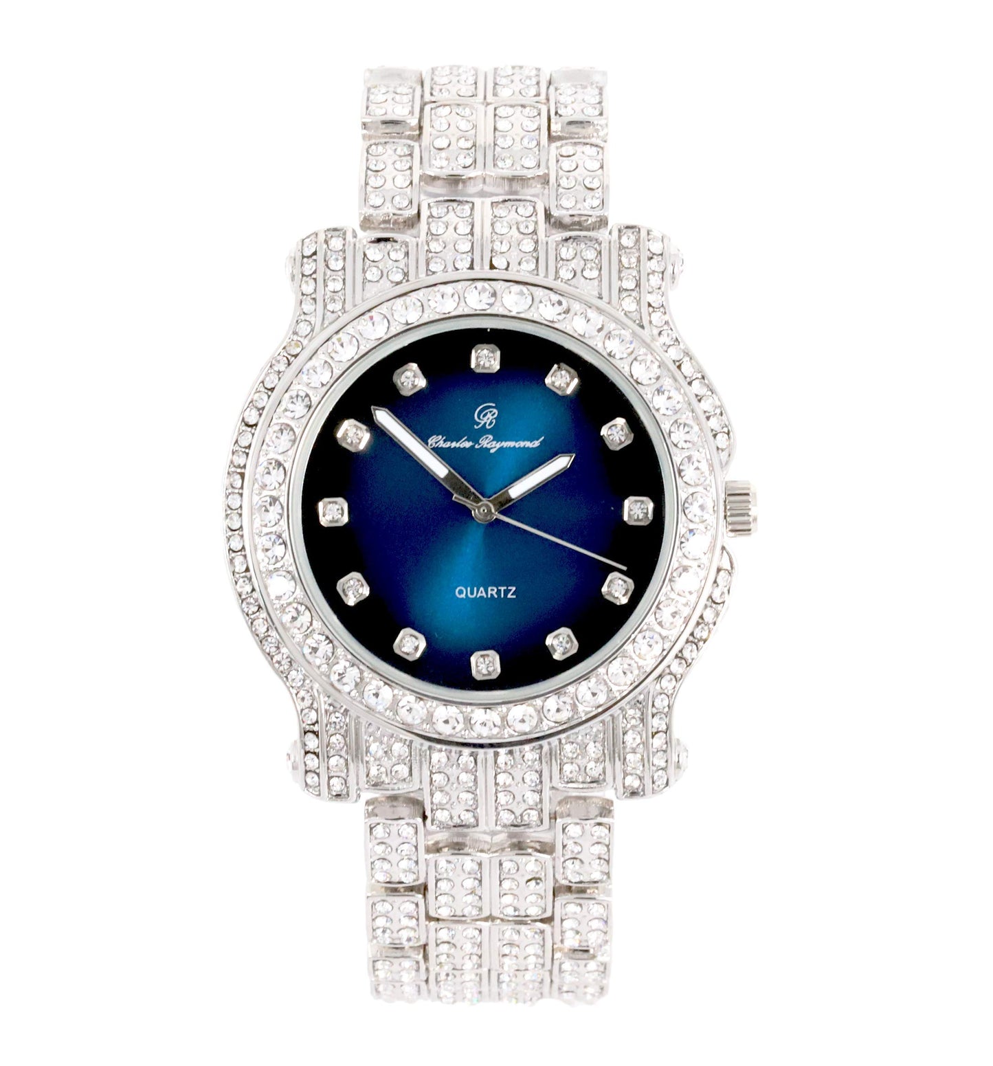 Charles Raymond Bling-ed Out Silver Round Luxury Mens Watch w/Bling-ed Out Bracelet - L0504B