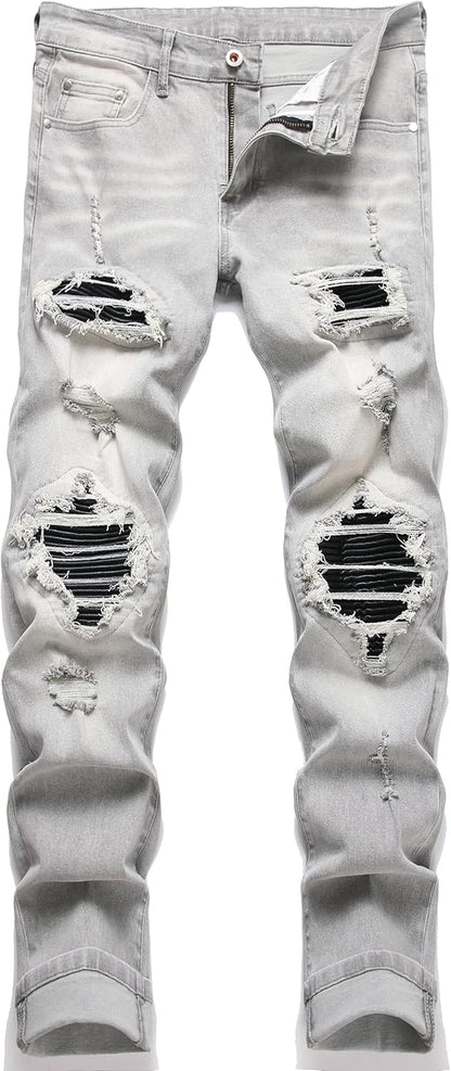 OIIIO Men's Patch Ripped Stretch Regular Fit Jean