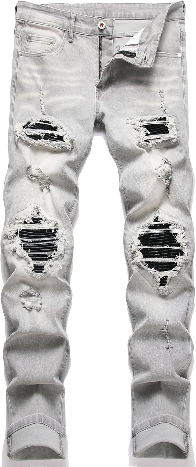 OIIIO Men's Patch Ripped Stretch Regular Fit Jean