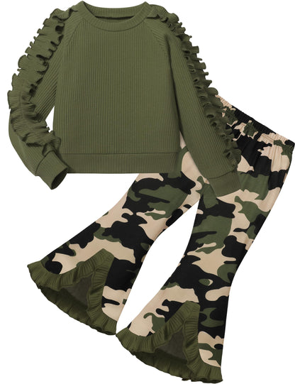 Toddler Girl Clothes Camo Girls Outfits Ruffle Sleeve Tops + Bell Bottom Flared Pants 2 Piece Winter Sweatsuit 2-10T