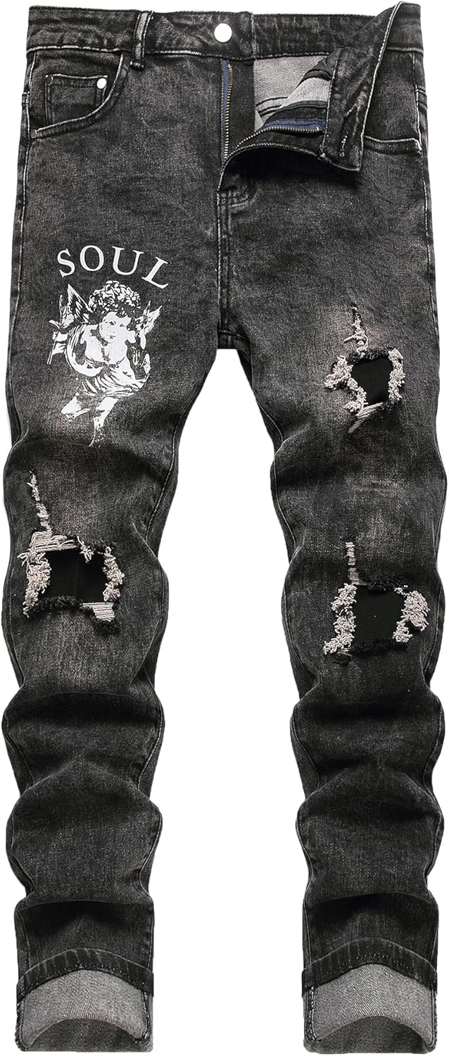 Baylvn Men's Designer Straight Slim Fit Patchwork Jeans Comfort Skinny Biker Denim Pants