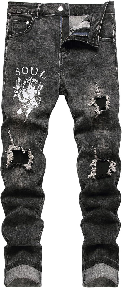 Baylvn Men's Designer Straight Slim Fit Patchwork Jeans Comfort Skinny Biker Denim Pants
