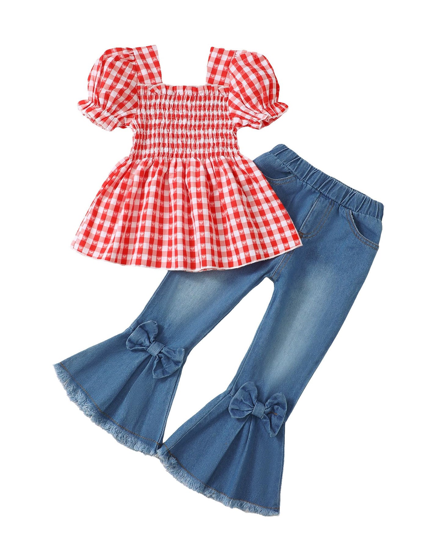 Kucnuzki Toddler Kids Girls Clothes Short Sleeve Shirt Top Flare Denim Jeans 2 Piece Outfits For Girls Cute Clothing Set