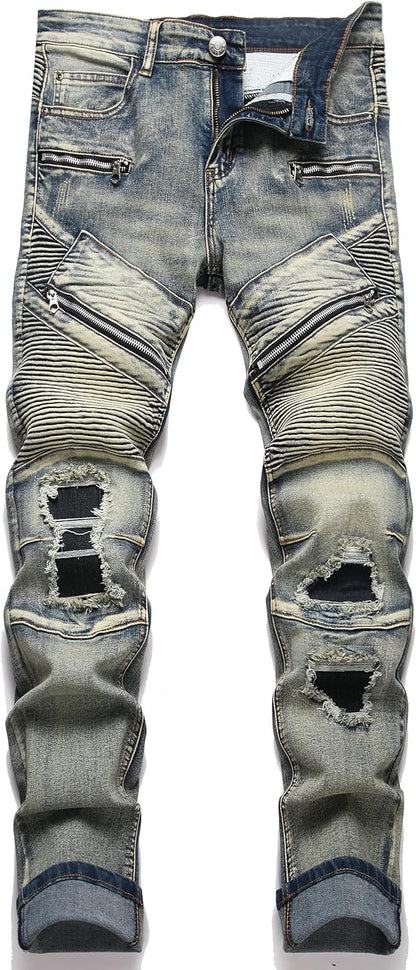 RXXKKK Men's Classic Zipper Biker Regular Fit Flex Jean