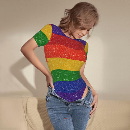 Serape Rainbow Stripes Mexican Pattern Women’s Short Sleeve Bodysuit Round Neck Onesie Stretchy One-Piece Jumpsuit