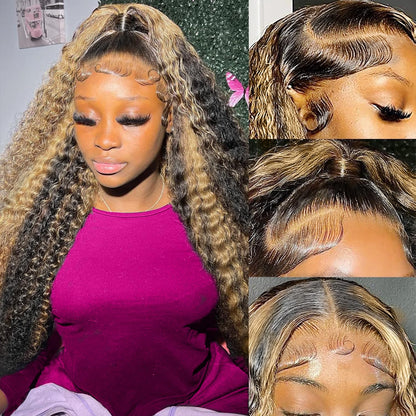 1B/30 Deep Wave Lace Front Wigs Human Hair Pre Plucked Balayage Ombre Brown Curly Lace Front Wig Human Hair13x4 HD Lace Frontal Glueless Wigs for Women 180% Density 26 Inch