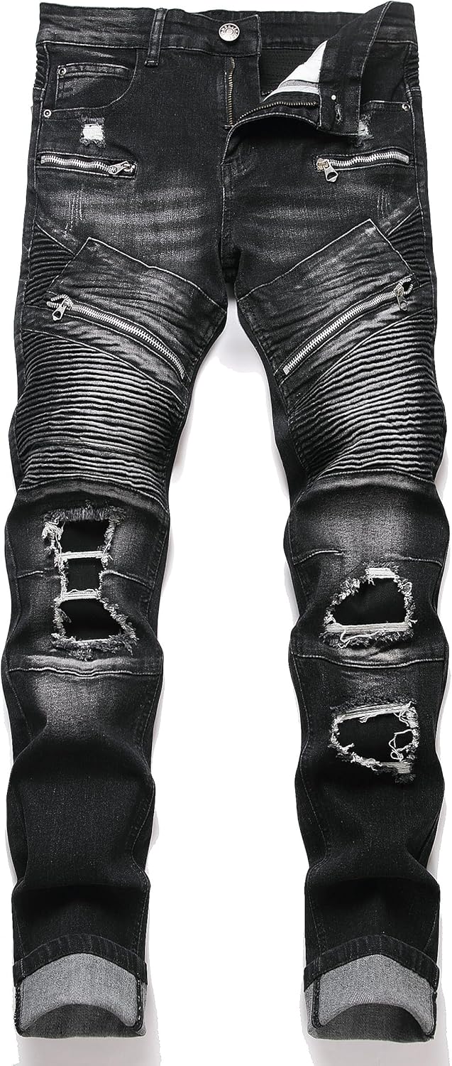 RXXKKK Men's Classic Zipper Biker Regular Fit Flex Jean
