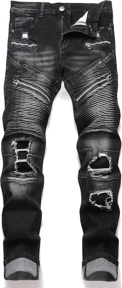 RXXKKK Men's Classic Zipper Biker Regular Fit Flex Jean