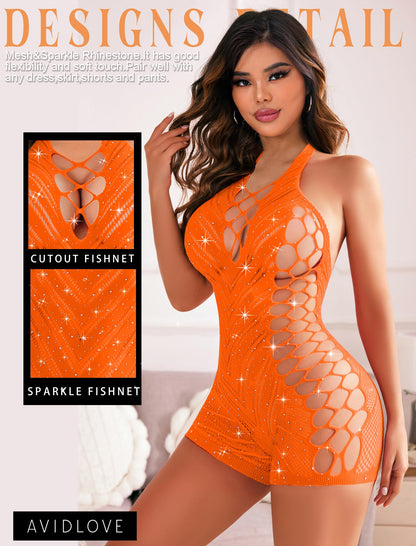 Avidlove Womens Lingeries Fishnet Lingerie for Women Sexy Outfit Fishnet Bodysuit Sparkle Rhinestone Cut Out Romper