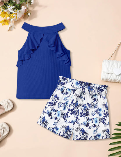 MIGU Girls Clothes Summer Halter Neck Ruffle Sleeveless Top Fashion Cute Floral Belt Shorts Two Piece Outfit Set Size 6-12