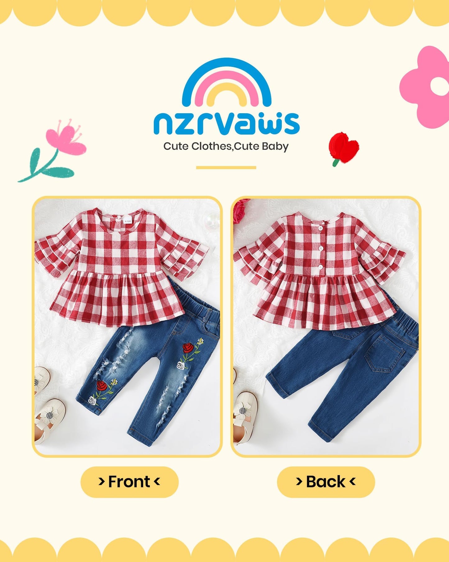 NZRVAWS Baby Girl Clothes Toddler Girl Outfits Infant Ruffle Shirt Denim Ripped Jeans Cute Clothing Set