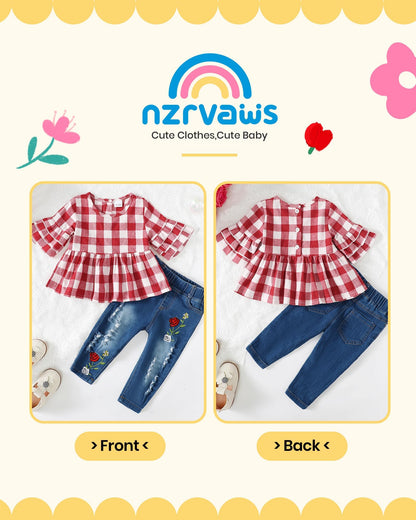 NZRVAWS Baby Girl Clothes Toddler Girl Outfits Infant Ruffle Shirt Denim Ripped Jeans Cute Clothing Set