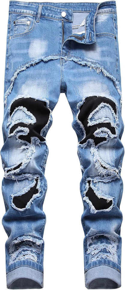 Baylvn Men's Designer Straight Slim Fit Patchwork Jeans Comfort Skinny Biker Denim Pants
