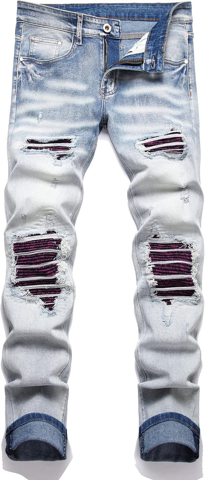 OIIIO Men's Patch Ripped Stretch Regular Fit Jean