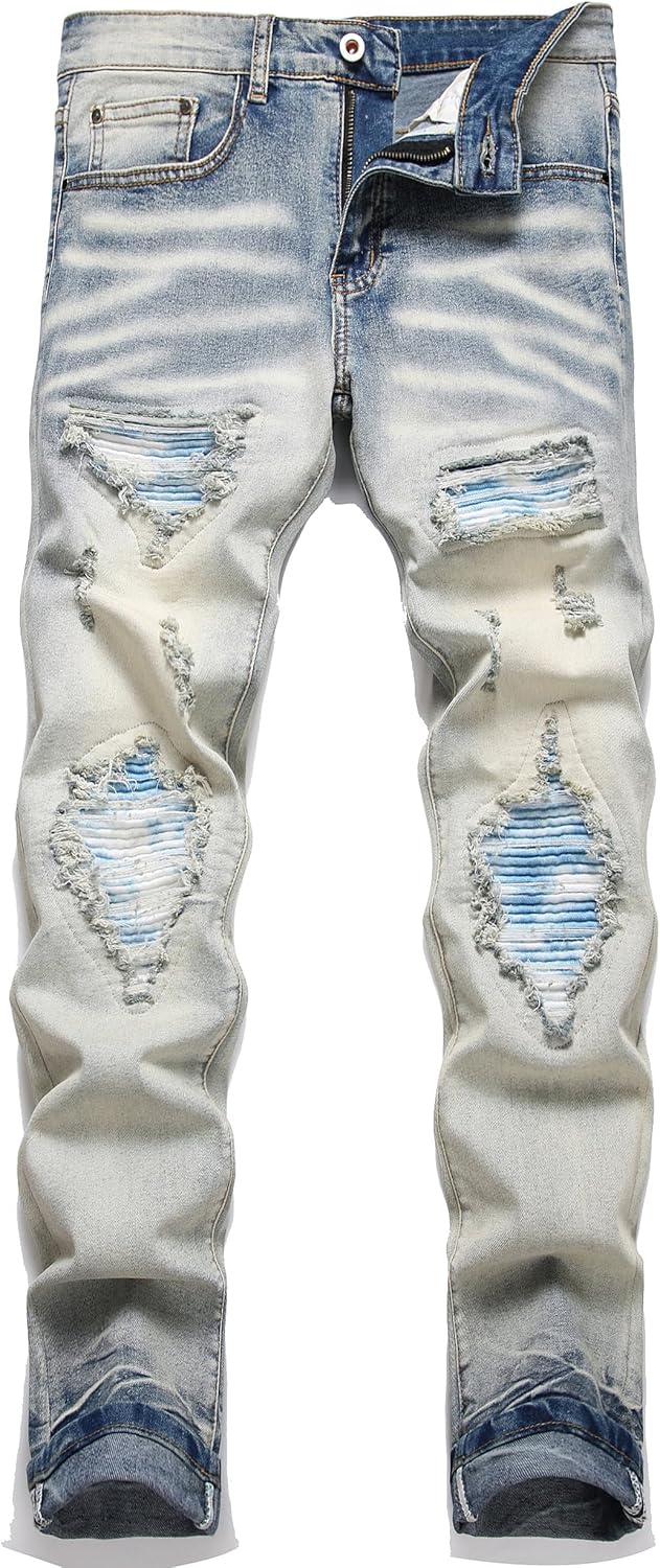 OIIIO Men's Patch Ripped Stretch Regular Fit Jean